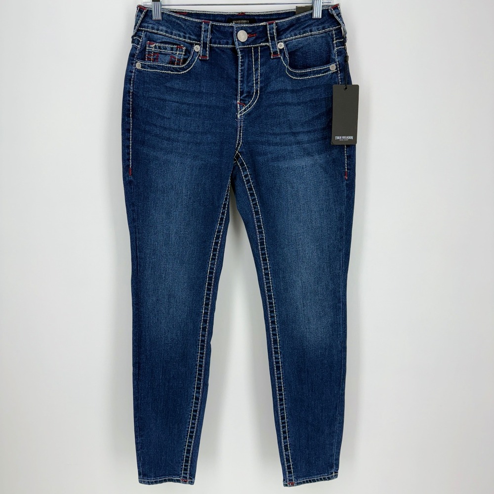True Religion Jennie Mid Rustic Barn Wash Skinny Jeans Womens Size 29 Red Stitch